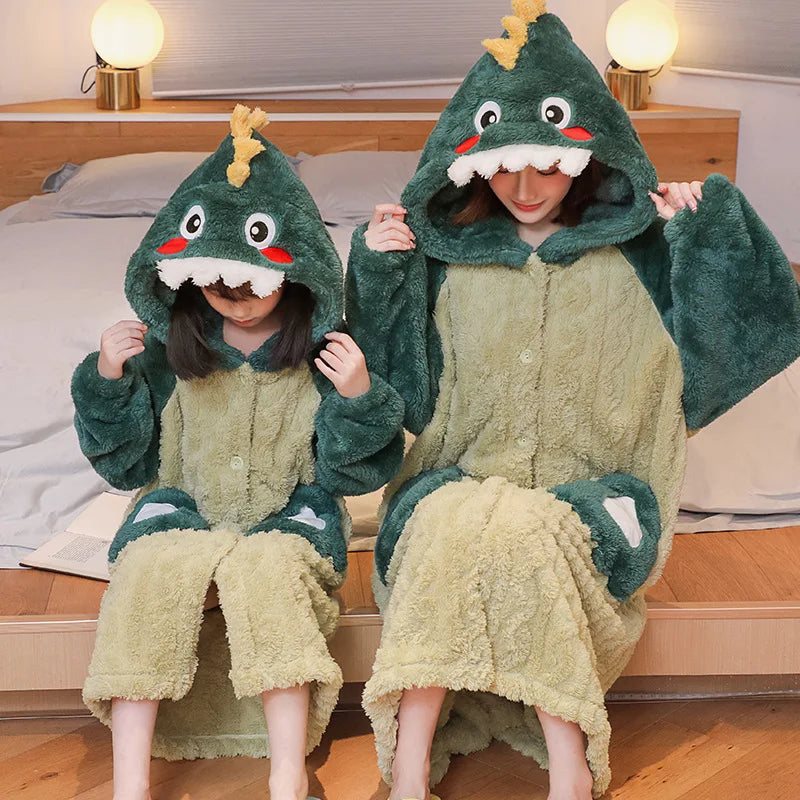 Kids Winter Bathrobe Thicken Warm Home Robe Baby Homewear Animal Dinosaur Cartoon Bathrobe For Children Hooded Gilrs Boys Robe