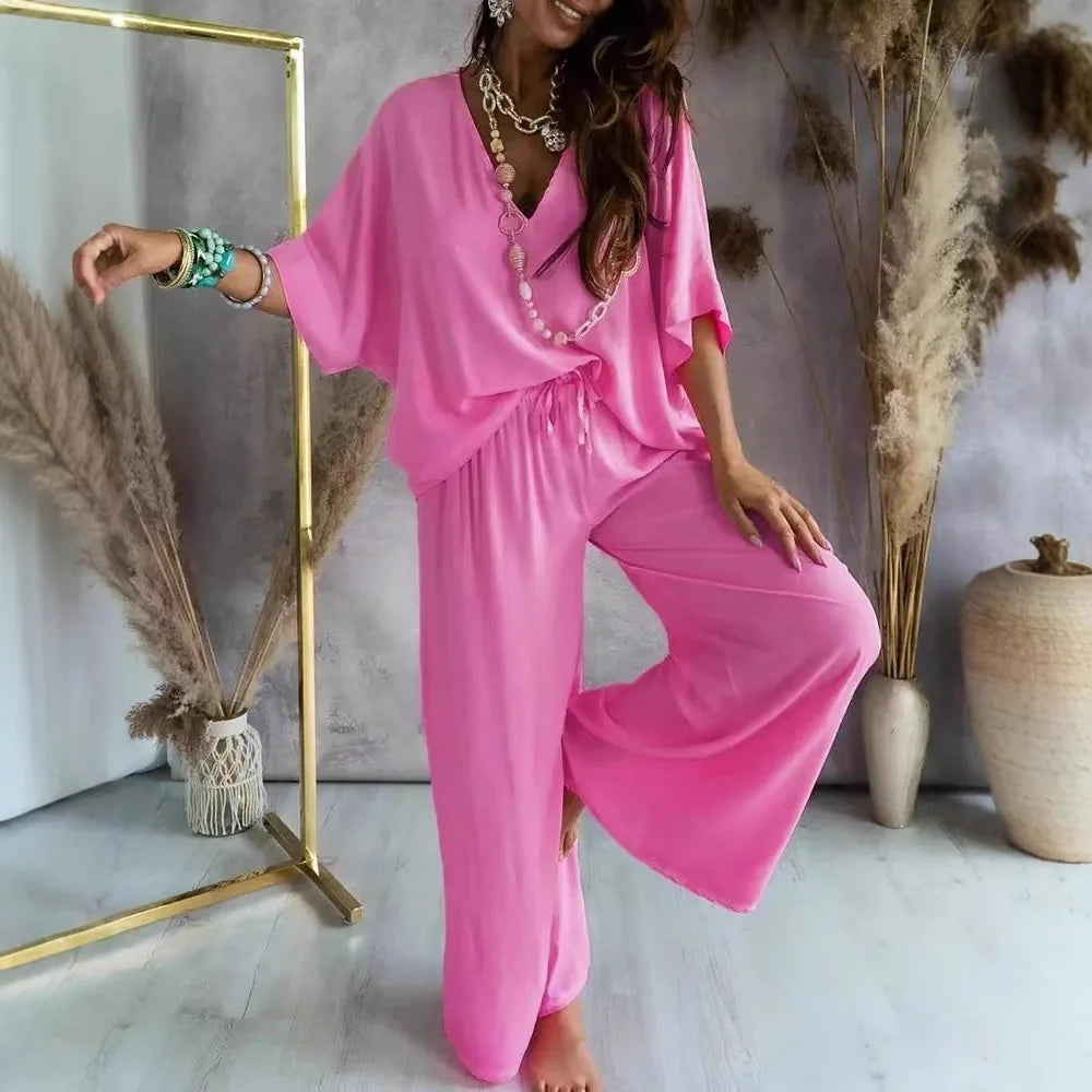 Loose Women Sets 2 pcs Sale V Neck Short Sleeve Blouse Shirts& High Waist Wide Leg Vacation Beachwear Pant Suits NMD-3032