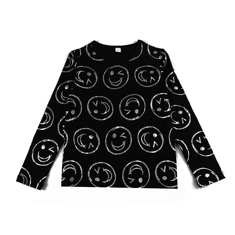 AA-kids boy summer spring fashion clothes 2pcs set cotton long sleeve and short sleeve 2pcs clothes set smile print black set