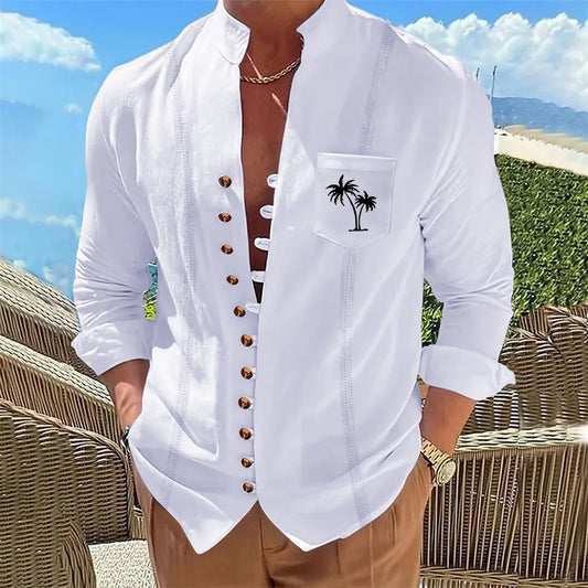 Men's long sleeved casual solid color coconut tree print shirt casual cardigan 11 button long sleeved top