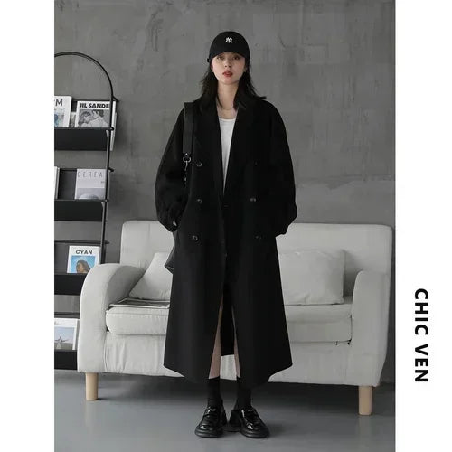 CHIC VEN Women Long Double-sided Woolen Coats Retro Loose Female Overcoat Double Breasted Ladies Windbreak Autumn Winter 2025