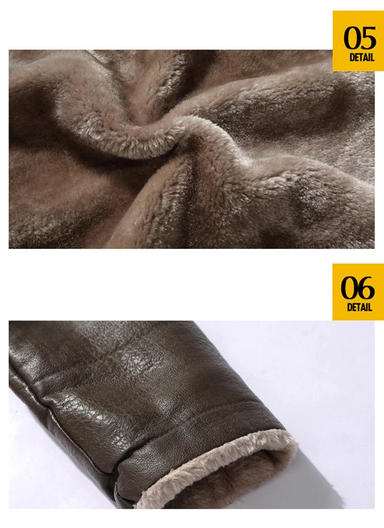 2023 Men Winter Long Thick Fleece PU Leather Jacket New Winter Fashion Suit Collar Men's Windbreaker Leather Jacket Coats