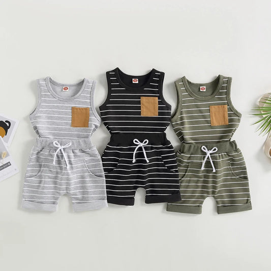 2023-03-01 Lioraitiin 0-4Years Kids Baby Boy 2Pcs Summer Outfits Striped Sleeveless Tank Tops and Stretch Shorts Pocket Set