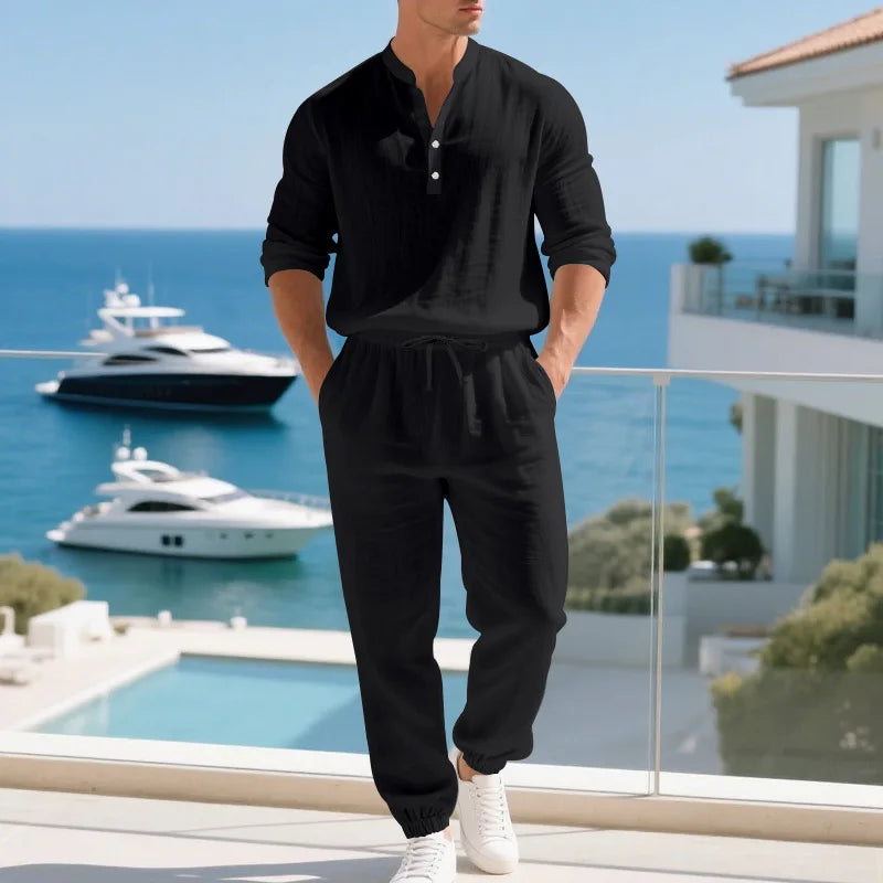 American loose linen set for men autumn Hawaiian home commuter thin Henry shirt long sleeve pants set