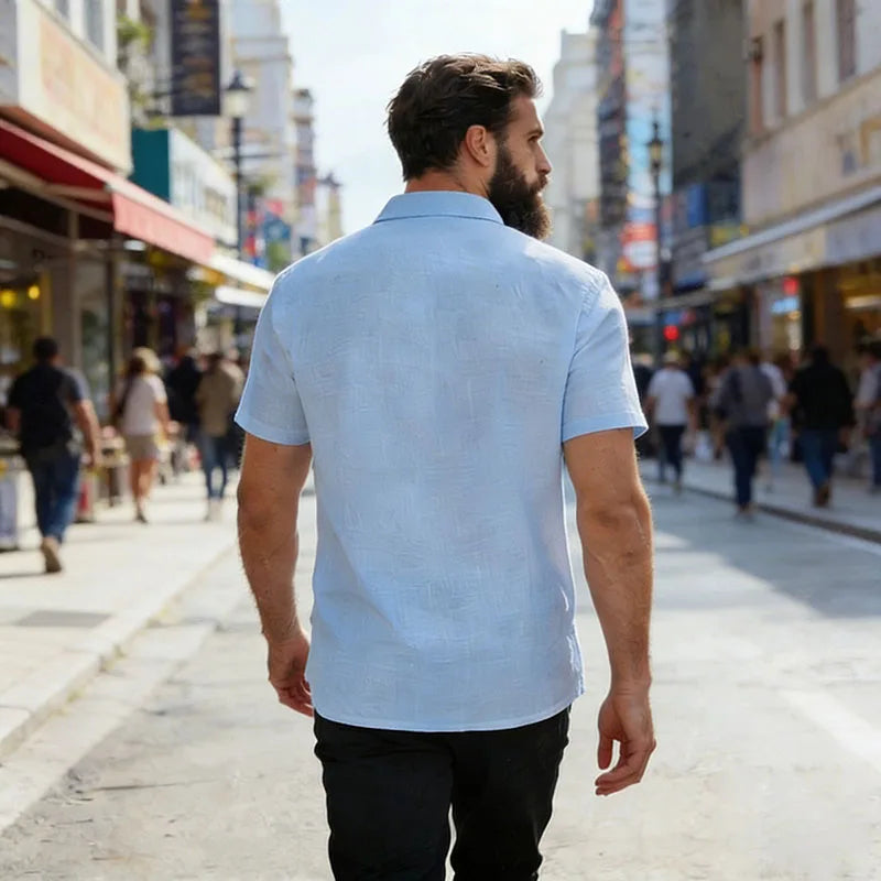 Men's Casual Linen Blend Shirt Short Sleeve Turn Down Collar Button Up Lightweight Breathable Beach Tunic Tops