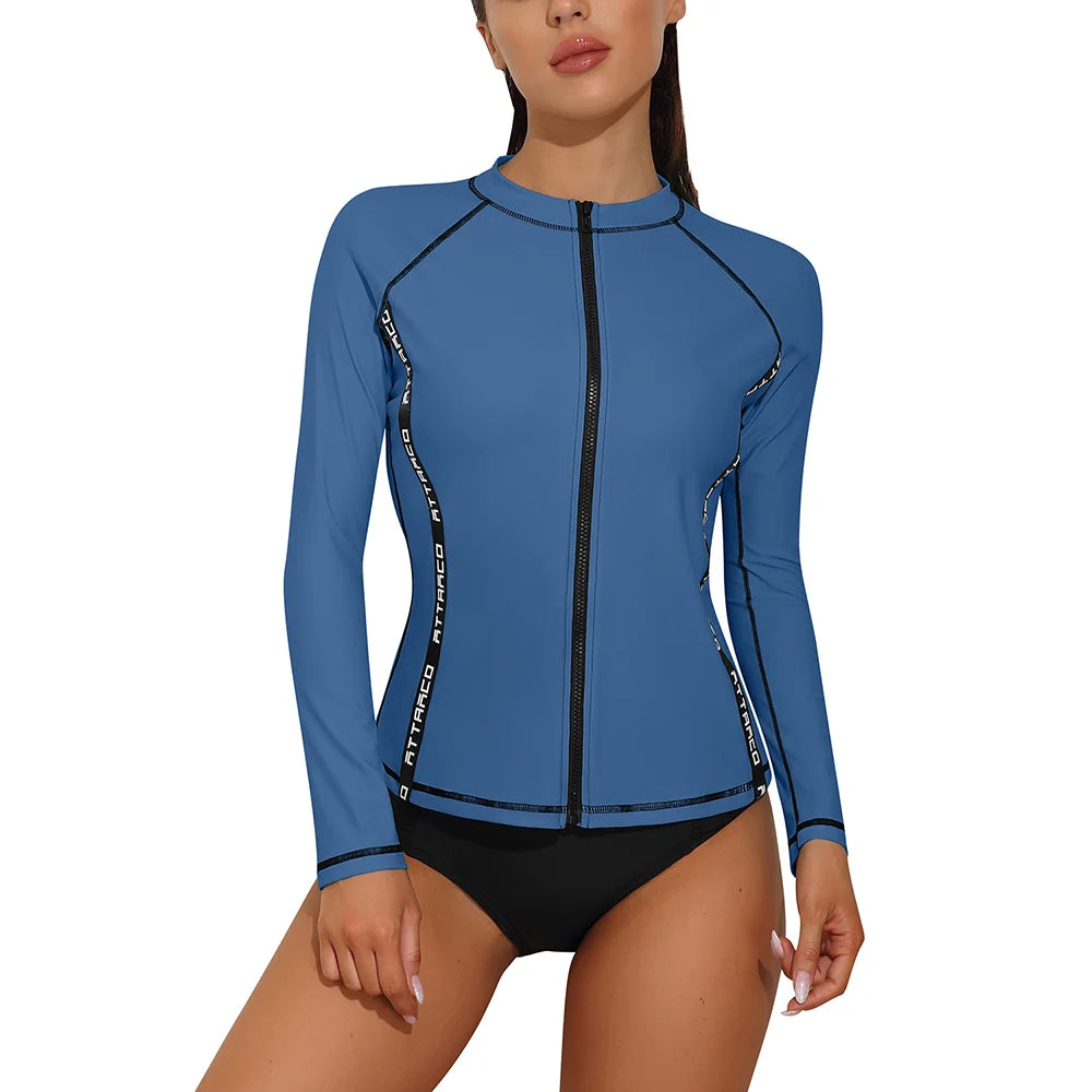 Anfilia Rash Guard for Women Long Sleeve Zipper Front Swim Shirt UPF 50 Swimming Shirt Top