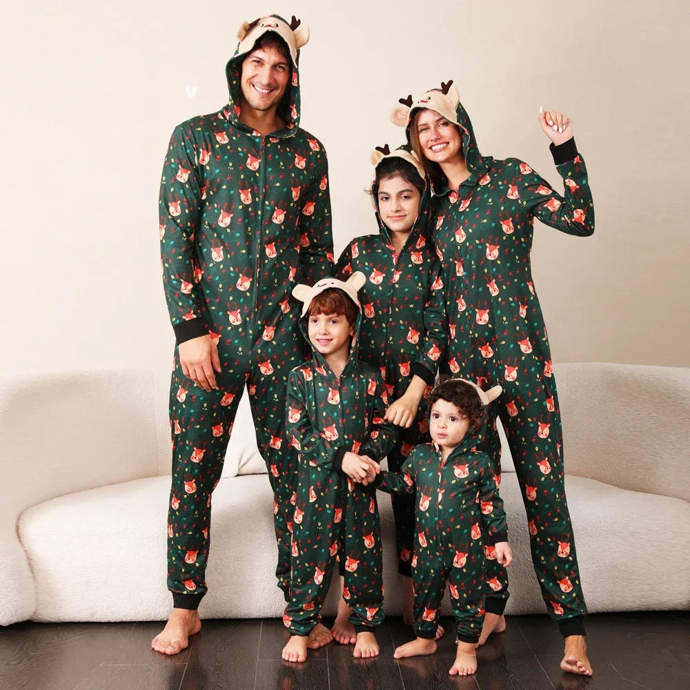Christmas Gift Mother Father Kids Matching Outfits Cute Deer Ear Hooded Romper Overall Soft Loose One-Piece Pajamas Family Look