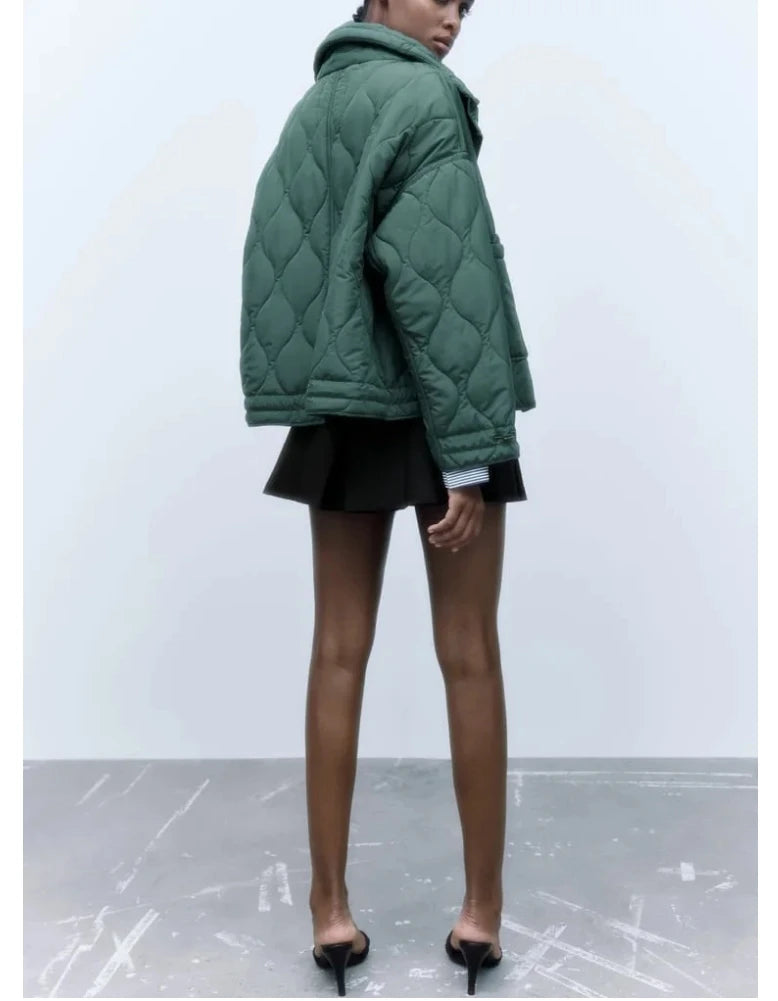 Quilted coat for women ETJ 2025 QUILTED JACKET WITH TIES new beige drawstring high neck pocket clip cotton jacket for women