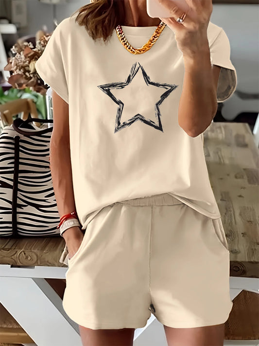 Summer women's fashion creative pentagram pattern printed casual loose round neck short sleeved T-shirt shorts two-piece set