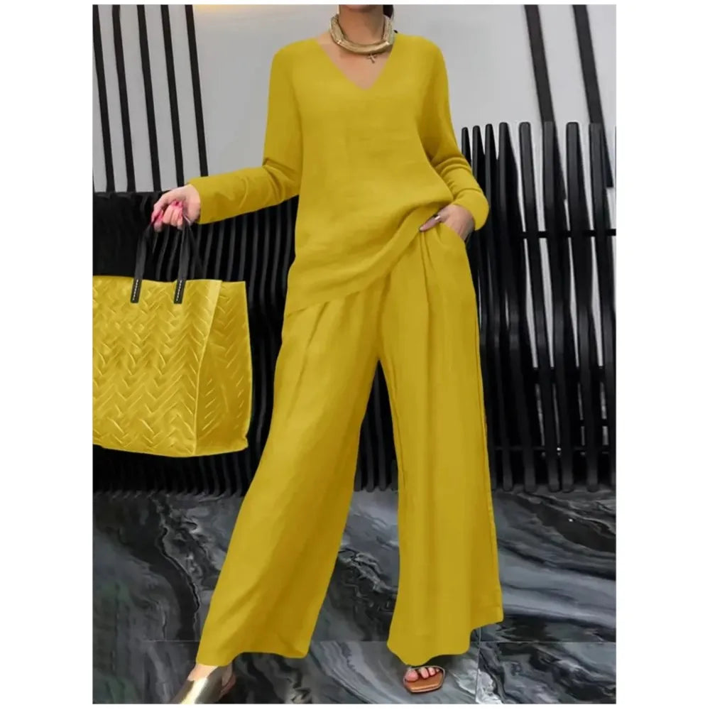 Solid Color Casual V-neck Trousers Women's 2piece Set Spring Autumn New Fashion Pocket Straight Trousers Female Office Suit 2025