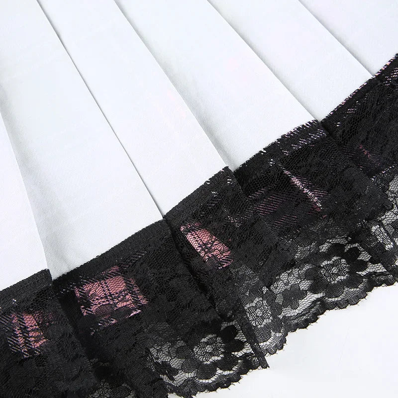 Goth Skirts Summer Y2K Woman Skirts Pink Stripe Plaid Lace Trim Pleated School Plaid Skirt Ladies Aesthetic Tie Up Jupe Femme