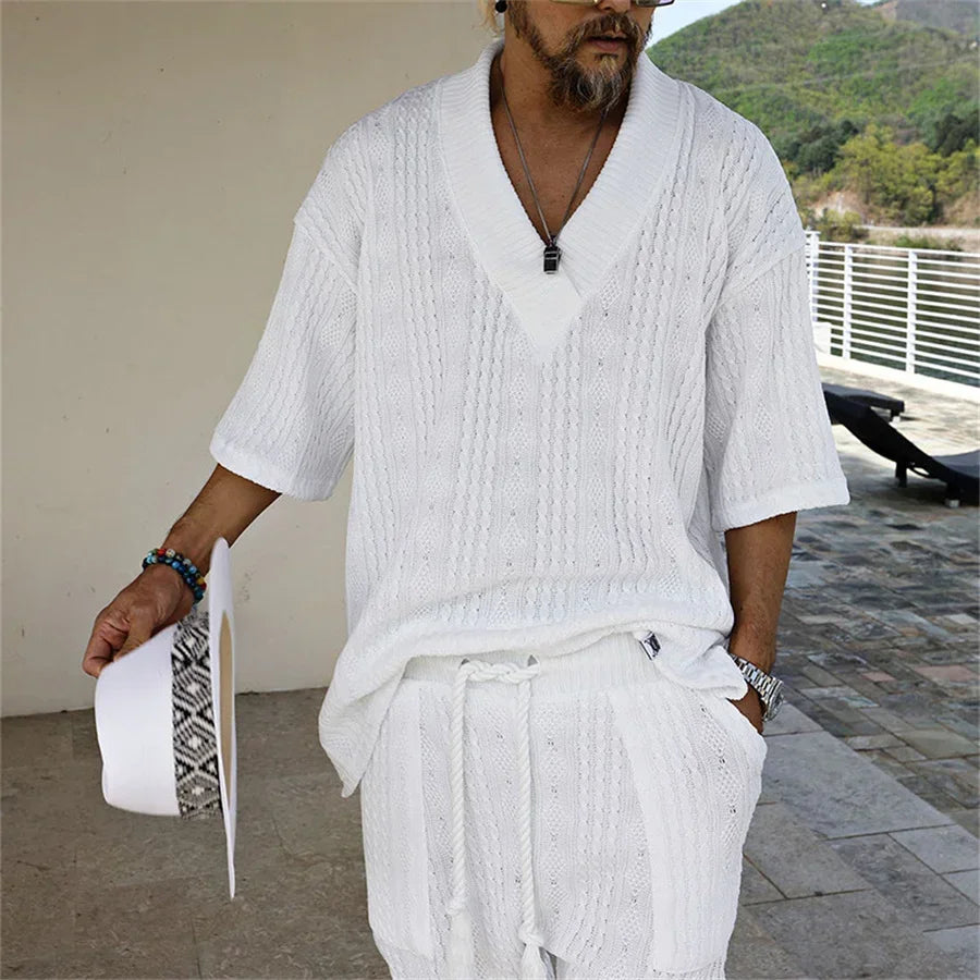 Summer New Men's Sports Suit Men's V-neck Top Loose Two-piece Set Men's Casual Trend Street Retro Suit