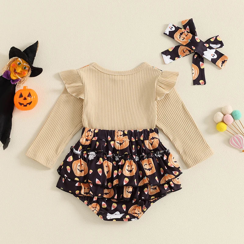 2024-05-23 Lioraitiin Baby Girls Halloween Jumpsuits Pumpkin Print Long Sleeve Romper and Cute Headband Set for Infant Outfits