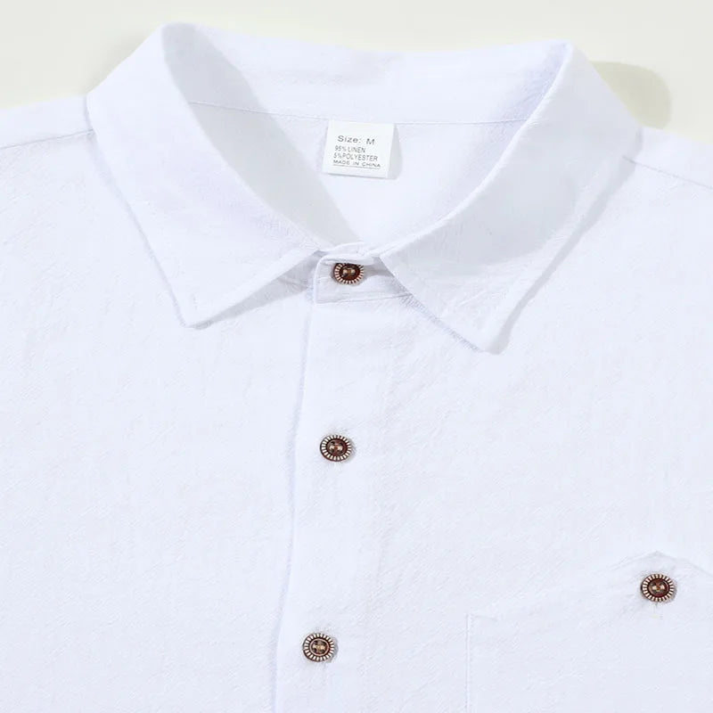 Men's Casual Linen Blend Shirt Short Sleeve Turn Down Collar Button Up Lightweight Breathable Beach Tunic Tops