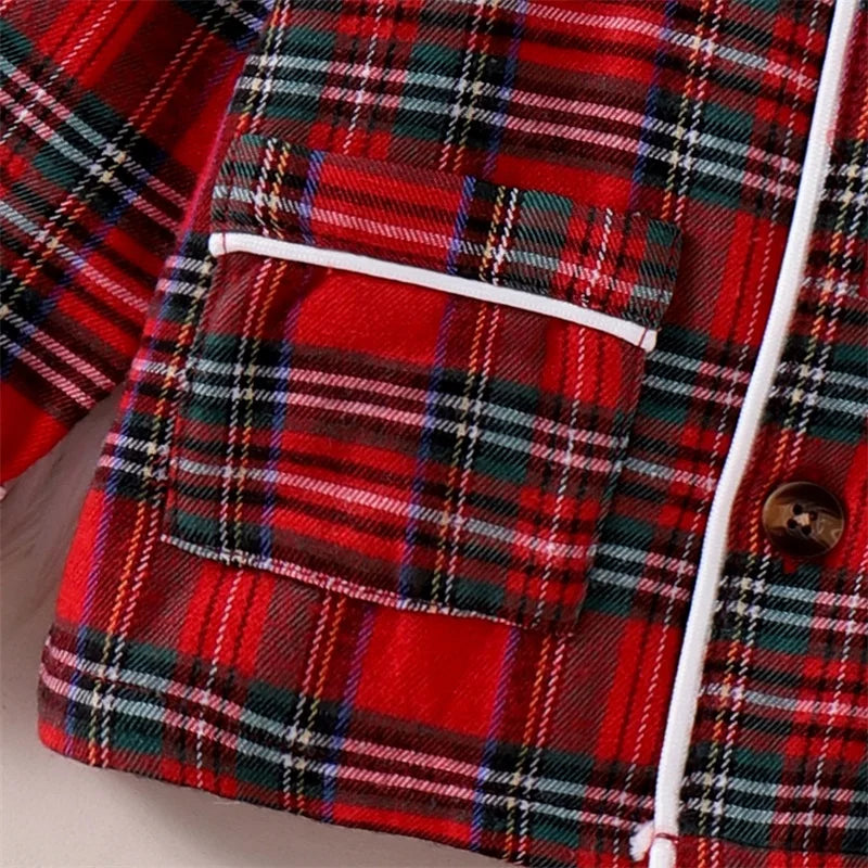 FOCUSNORM 0-5Y Autumn Winter Kids Girls Boys Christmas Pajamas Clothes Sets Plaid Print Turn Down Collar Shirts+Pants