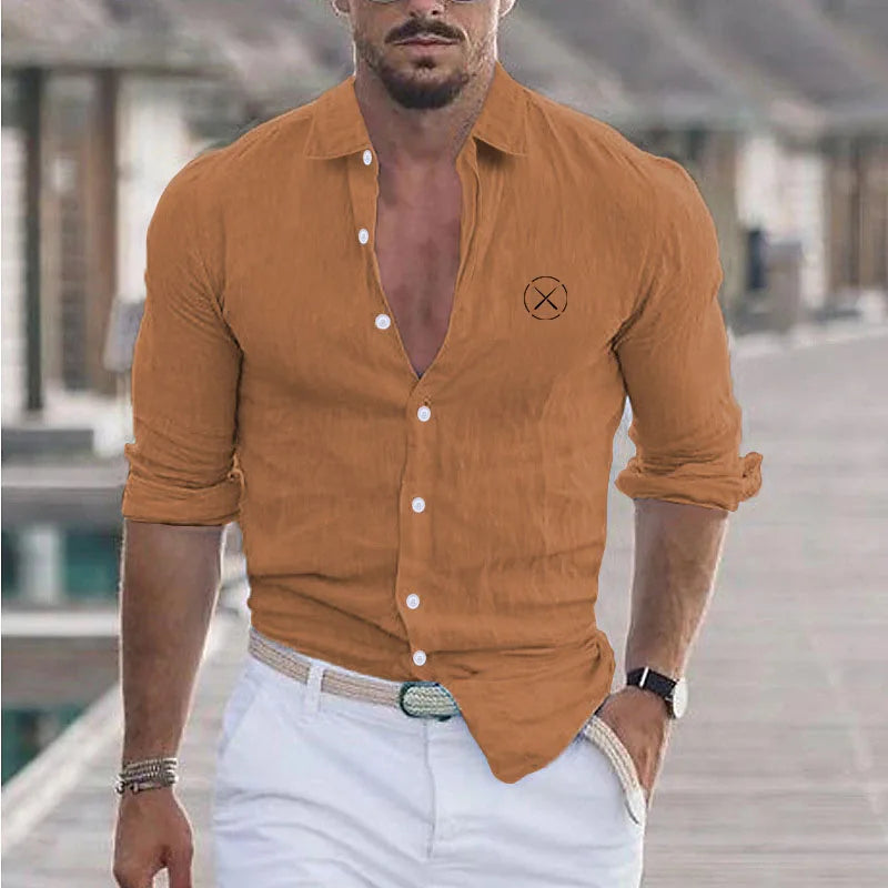 New Men's Summer Cotton And Linen Lapel Beach Shirt Long Sleeve Solid Color Hawaiian Holiday Wear X Patterned Shirt