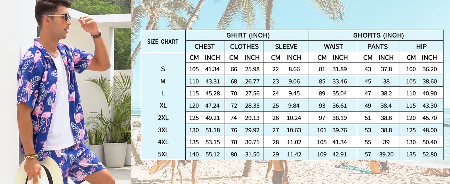 Summer New Men's Short Sleeve Shirt and Shorts 2 Piece Set Fashion Coconut Tree Print Lapel Shirt Beach Drawstring Shorts Set