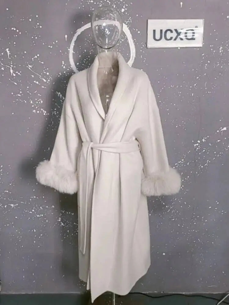 UCXQ Elegant OL Office Lady Overcoats Fur Patchwork Long Sleeve Woolen Coat Beautiful Women's Clothing Jacket Autumn 2025 Winter