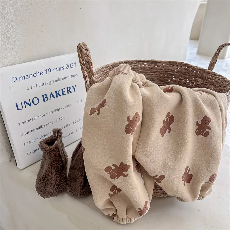 Winter Boys and girls cartoon bears inner fleece sweatpants Children thicken warm loose Trousers