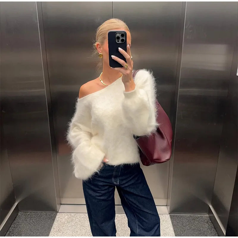 Women Solid Off Shoulder Pullover Fashion Classic Full Sleeve Loose Knitted Mohair Knitwear Lady High Street Autumn Sweaters