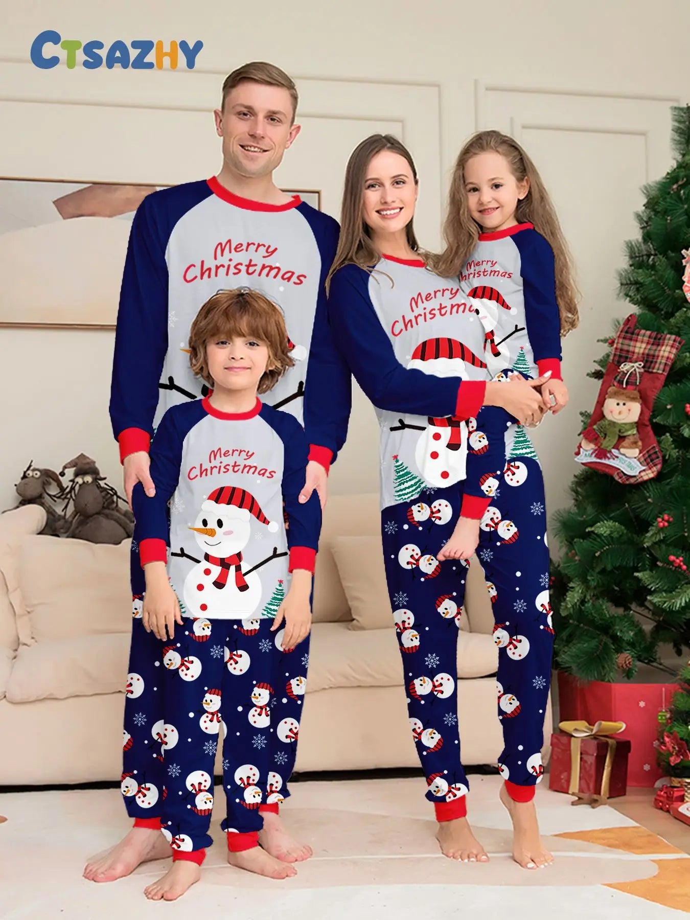 Autumn and winter white snowman Christmas matching parent-child outfit Mom and Dad children dog family pajamas pajama pants set