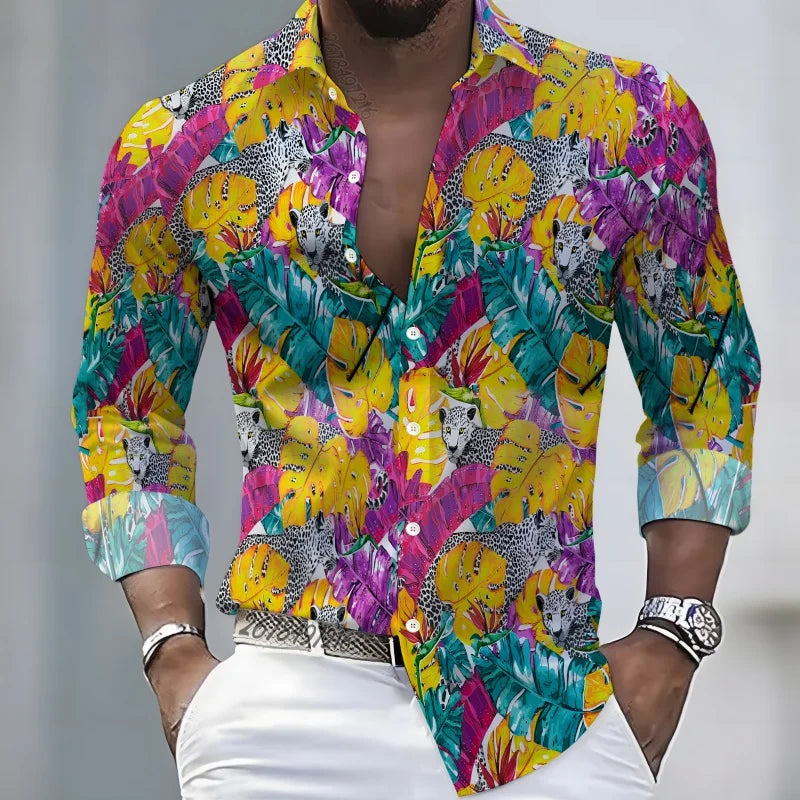 2026 New Hawaiian Style Coconut Tree Print Long-Sleeve Shirt, Stylish Print Men's Casual Vacation Loose Collar Hawaiian Shirt