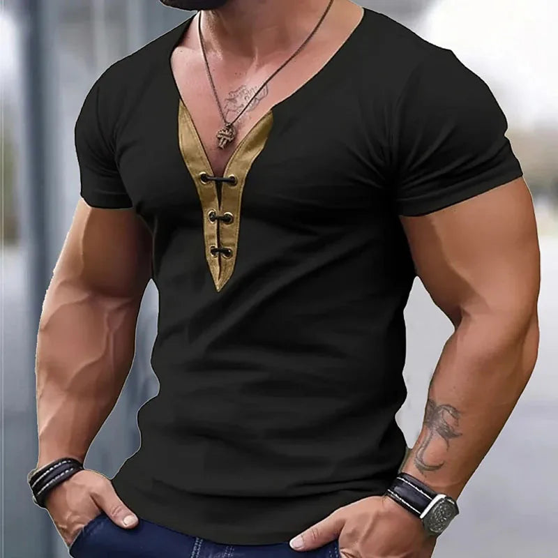 Classic Top Mens Vintage V Neck Drawstring Patchwork T Shirt Casual Short Sleeve Slim Fit Men T-Shirts Summer Leisure Pullovers