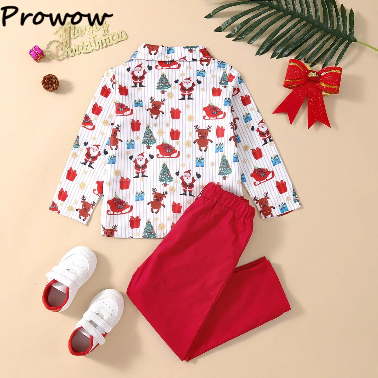 Boys Christmas Outfits For Kids Baby Festival Clothing Short/Long Sleeve Gentleman Shirts+Red Pants New Year Children's Costume