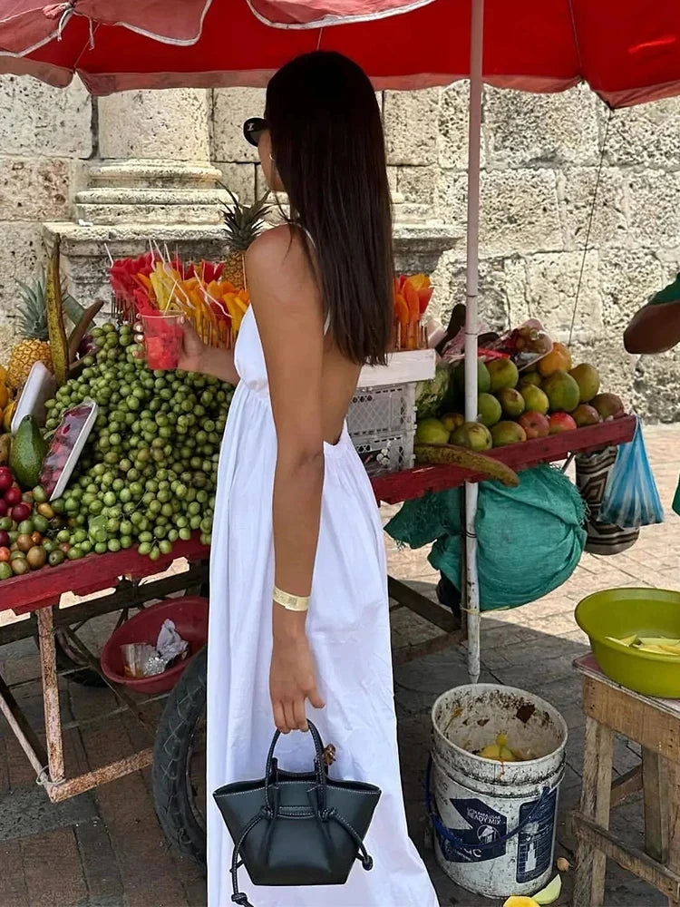 Women's Backless Midi Dress Waistband V Neck Solid Pullover High Waisted Loose Fitting Camisole A-line Skirt New Chic Dress