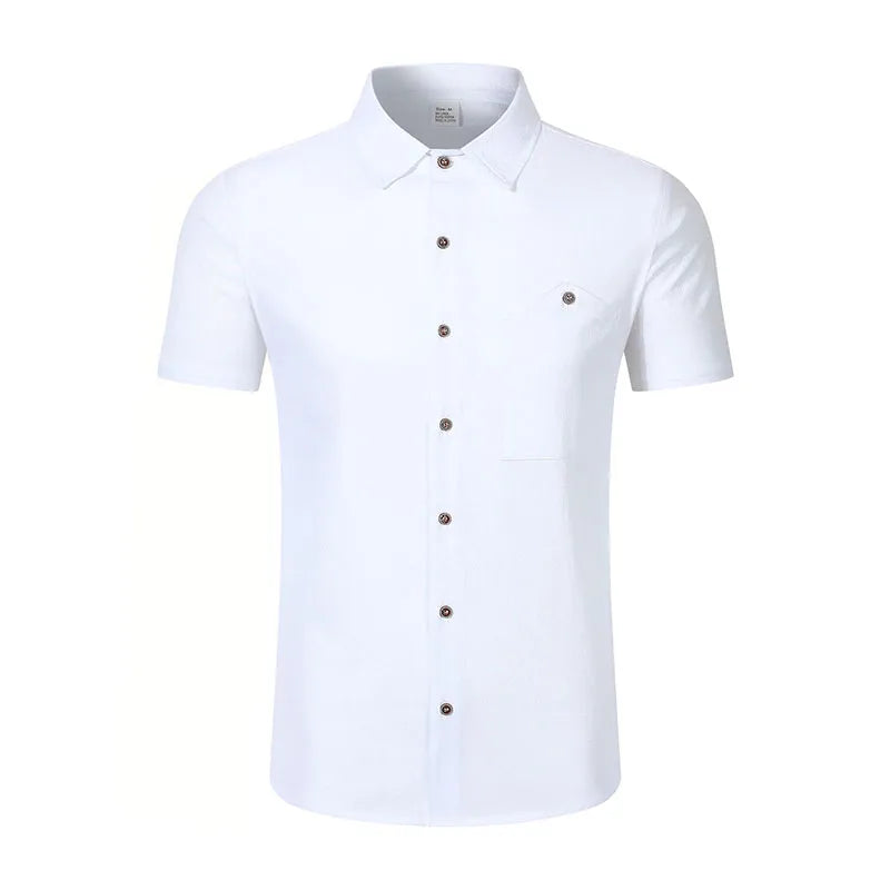 Men's Casual Linen Blend Shirt Short Sleeve Turn Down Collar Button Up Lightweight Breathable Beach Tunic Tops