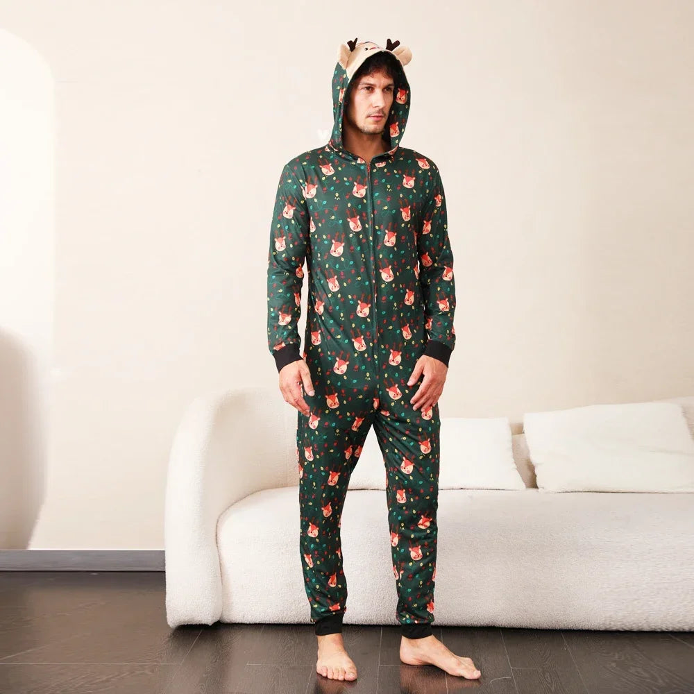 Christmas Gift Mother Father Kids Matching Outfits Cute Deer Ear Hooded Romper Overall Soft Loose One-Piece Pajamas Family Look