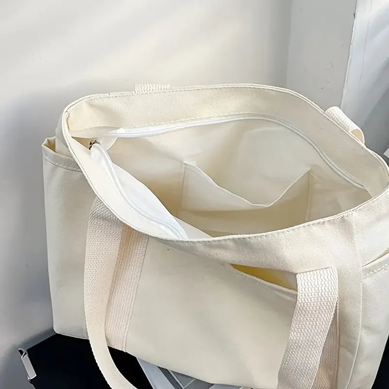1Pcs Large Capacity Canvas Tote with Multiple Pockets-Perfect for School/work Commute/travel and Shopping Bags on One Shoulder