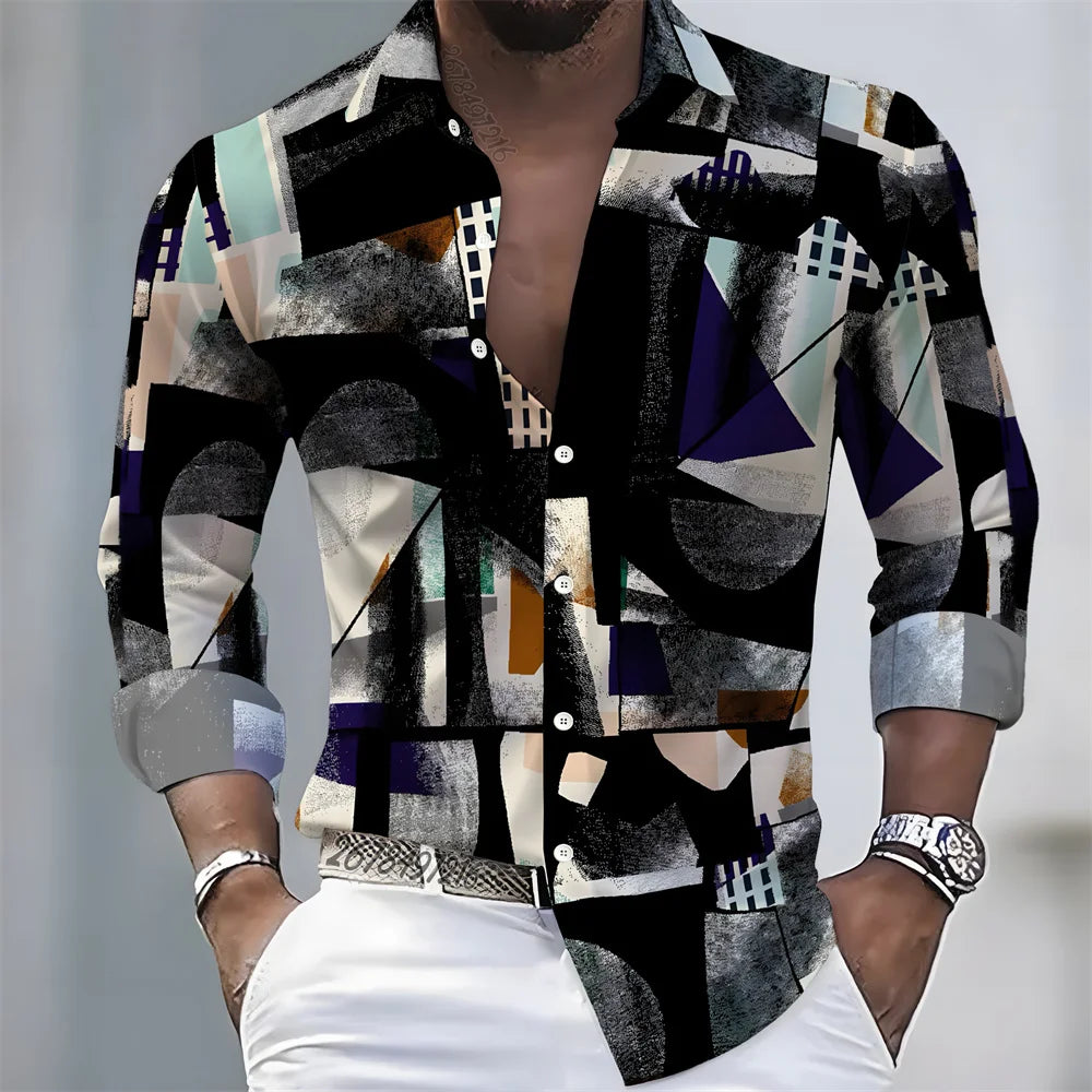 New men's artistic printed long-sleeved shirt, retro color-blocked design, casual shirt, versatile and stylish top for commuting
