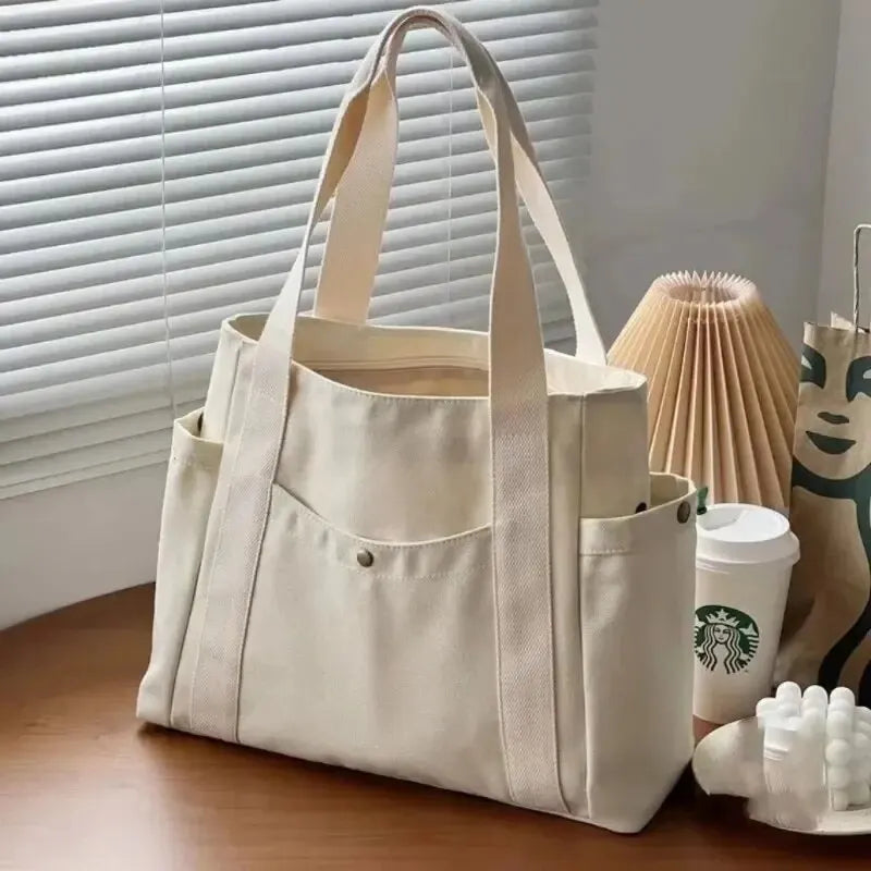 1Pcs Large Capacity Canvas Tote with Multiple Pockets-Perfect for School/work Commute/travel and Shopping Bags on One Shoulder