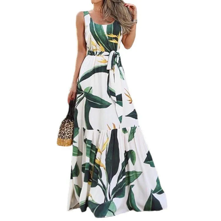 Summer Flower Print Sleeveless Long Dresses Women Elegant Casual Vacation Style Dress O Neck High Waist Leace-up Maxi Vestidos