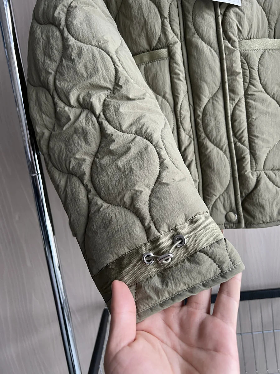 Quilted coat for women ETJ 2025 QUILTED JACKET WITH TIES new beige drawstring high neck pocket clip cotton jacket for women