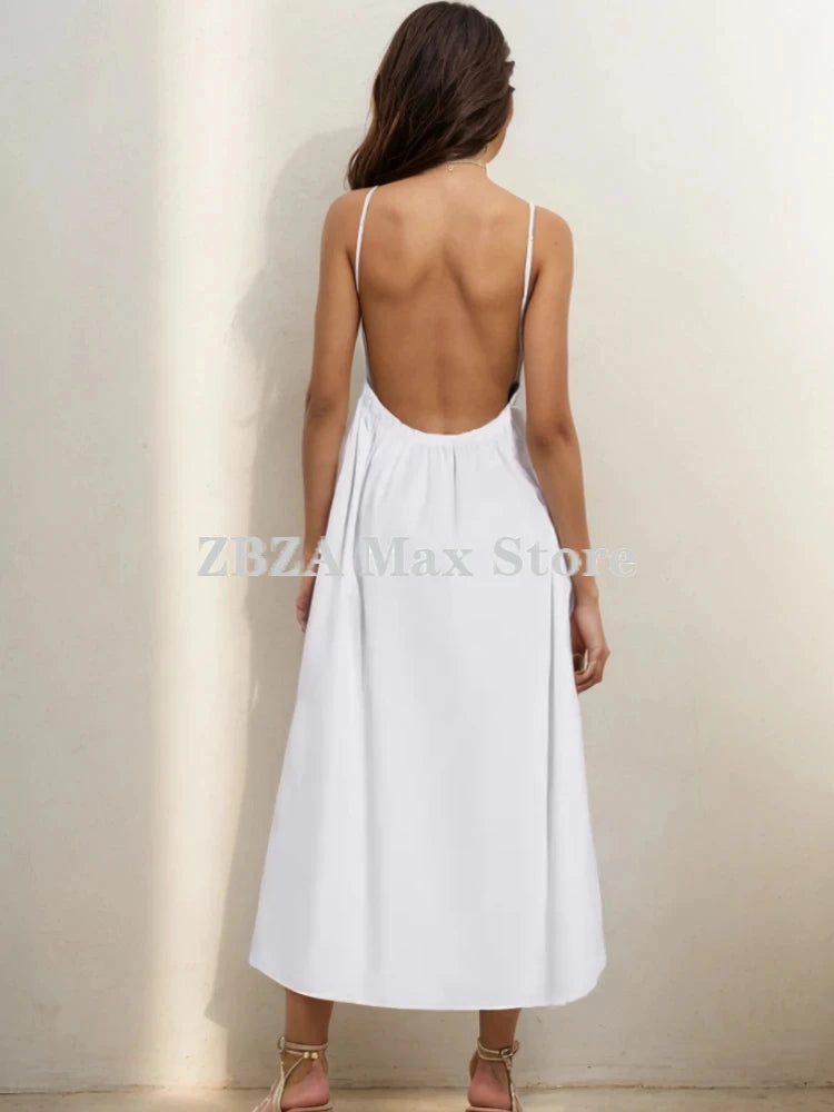 Women's Backless Midi Dress Waistband V Neck Solid Pullover High Waisted Loose Fitting Camisole A-line Skirt New Chic Dress