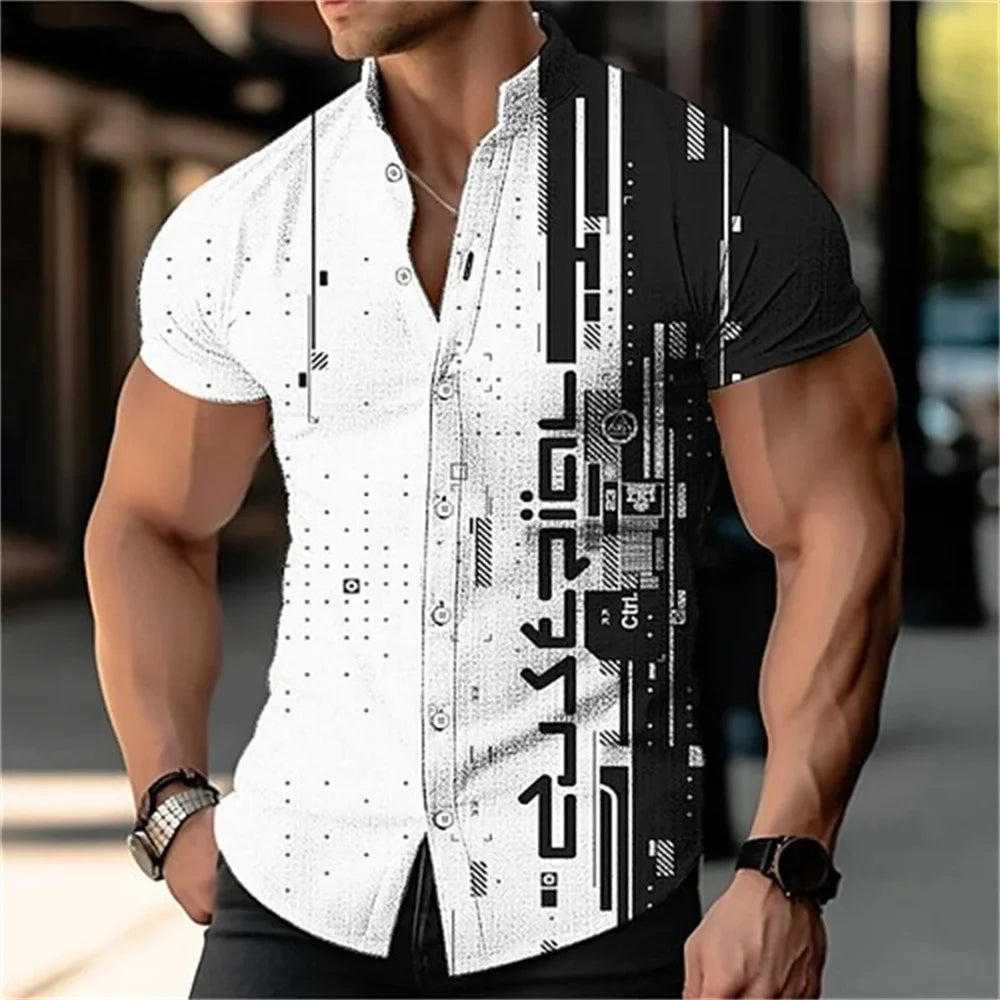 Men's 3D digital printed geometric stand up collar solid color short sleeved shirt outdoor casual fashion street men's clothing