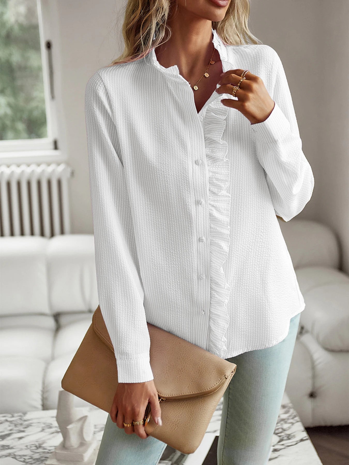 New Style 2024 temperament commuter blouse cardigan ruffled long-sleeved puffy-sleeved shirt blouse woman