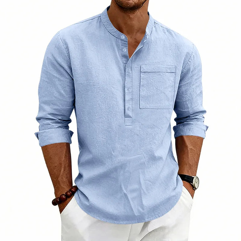 Summer Men's Linen Henry Long Sleeve T-Shirt  European and American Woven Solid Color Casual Polo Shirt