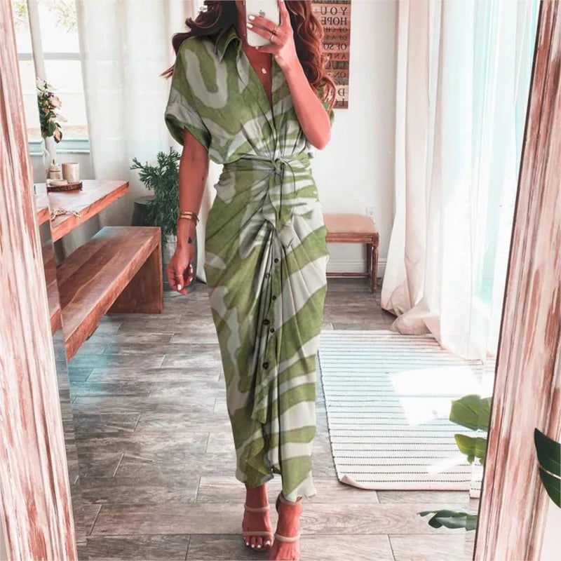 Sexy Irregular Long Dress For Women Fashion V-neck Lace-up Wrinkled Buttoned Dress Elegant Short Sleeves Clothing Ropa De Mujer