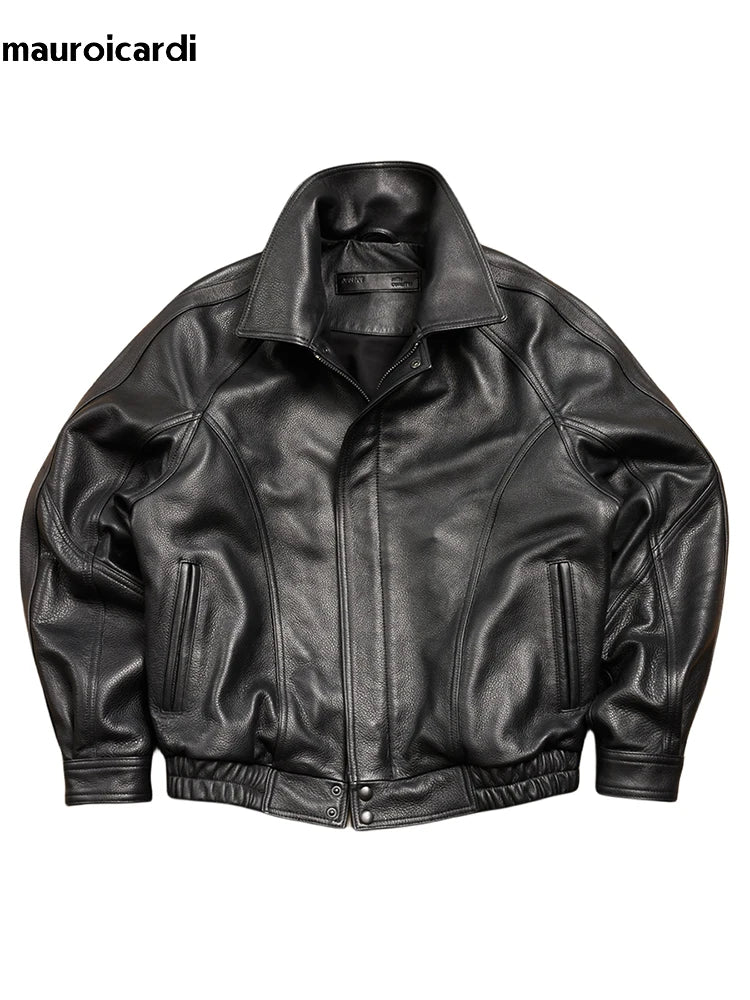 Mauroicardi Spring Autumn Cool Handsome Black Hard Pu Leather Jacket Men Zipper Luxury Designer American Vintage Clothes 2024