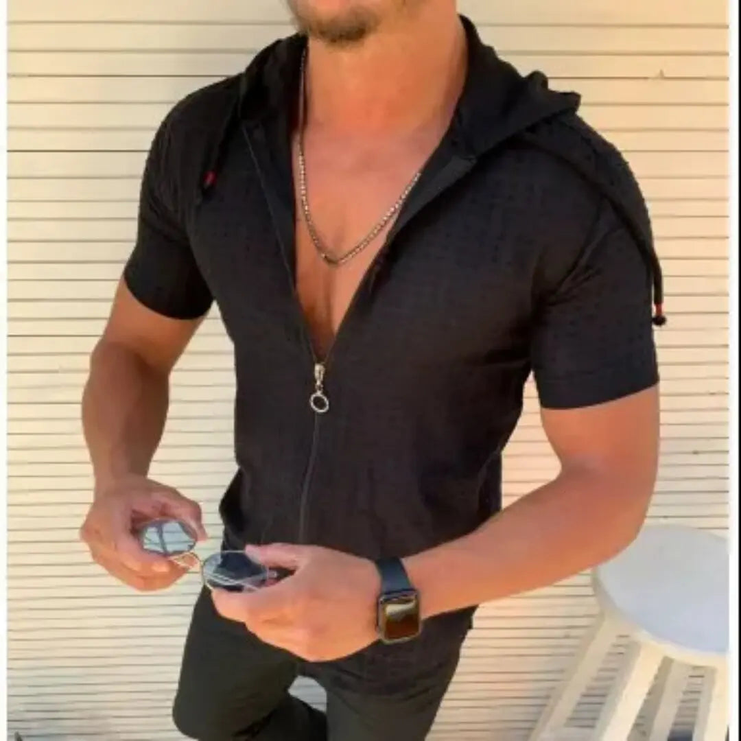 2026 summer new fashion plaid zipper sleeveless hooded cardigan T-shirt men's slim sports breathable fitness top