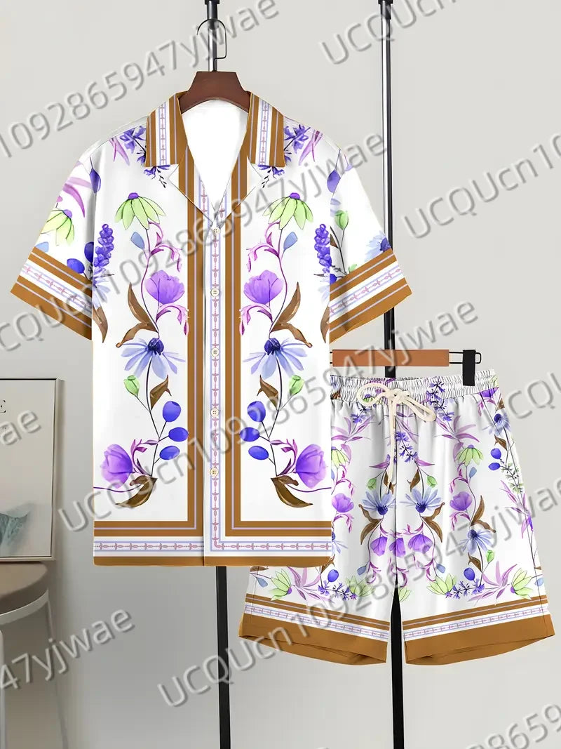 Summer Hawaiian Vintage Flowers Print Men's Short Sleeved Women's Blouses Beach Shirt +Shorts Button Shirt Set Men Clothes