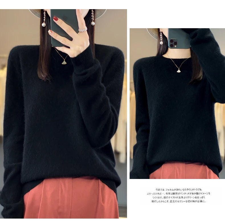 100% Merino Wool Sweater Women O-neck Cashmere Knitwear Female Pullover Autumn Winter Casual Tops Solid Color Soft  Clothing