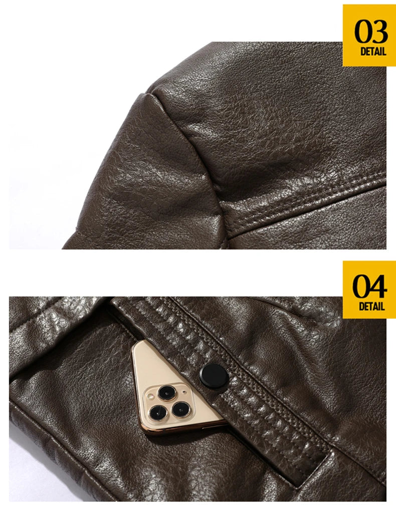 2023 Men Winter Long Thick Fleece PU Leather Jacket New Winter Fashion Suit Collar Men's Windbreaker Leather Jacket Coats