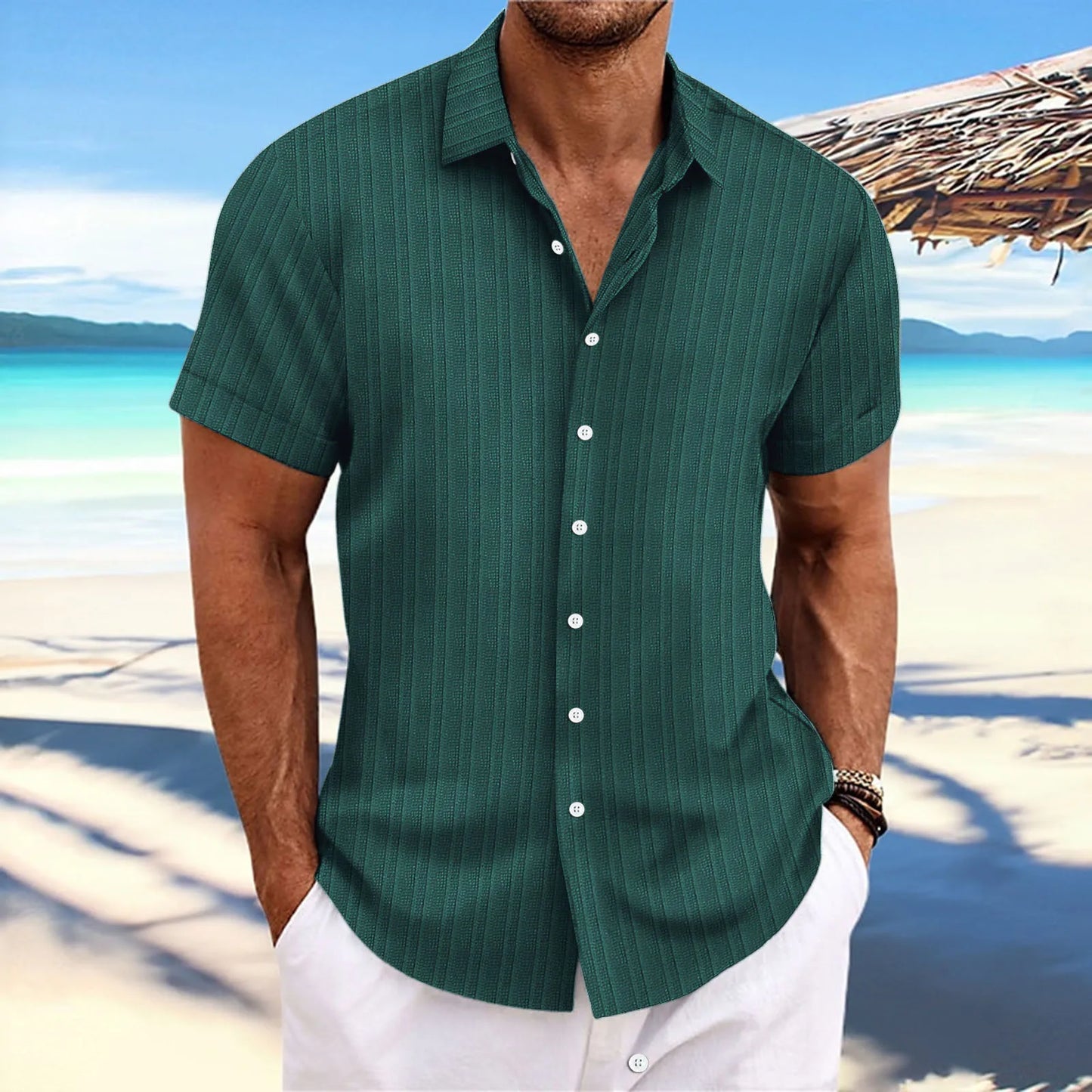 Simple And Versatile Summer New Men's Cotton And Linen Striped Jacquard Shirt Casual Comfortable Loose Short-Sleeved Shirt