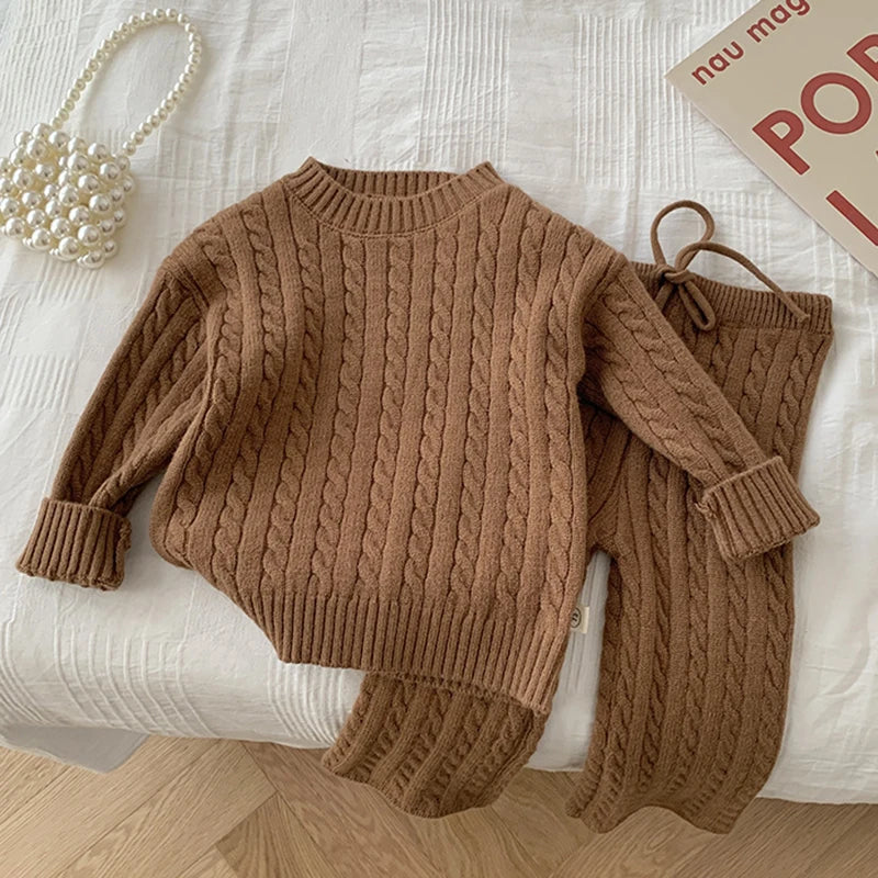Autumn Spring Korean Style Kids Knitted Clothing Set Long Sleeved Solid Color Knitted Pullover+Pants Baby Girl Clothes Suit