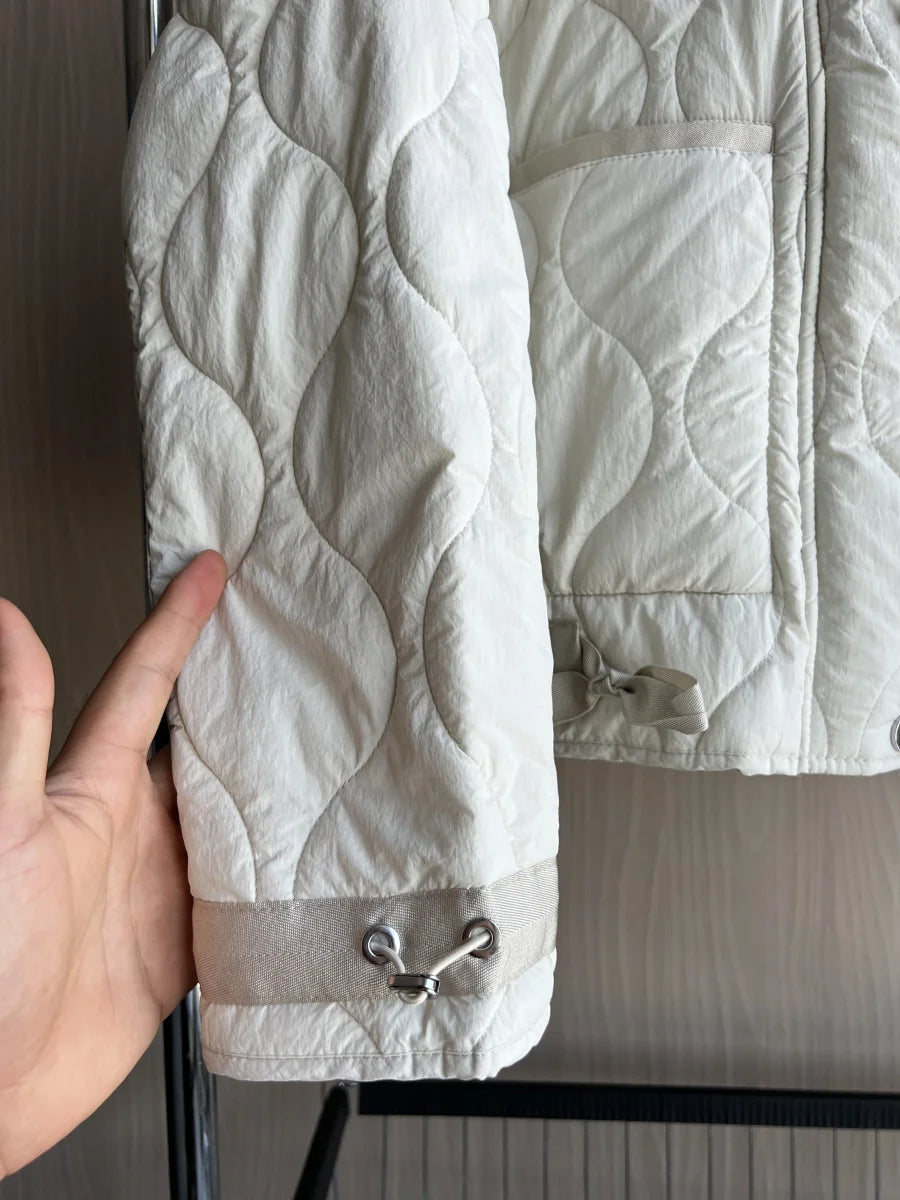 Quilted coat for women ETJ 2025 QUILTED JACKET WITH TIES new beige drawstring high neck pocket clip cotton jacket for women