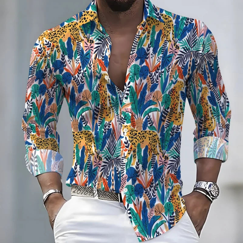 2026 New Hawaiian Style Coconut Tree Print Long-Sleeve Shirt, Stylish Print Men's Casual Vacation Loose Collar Hawaiian Shirt